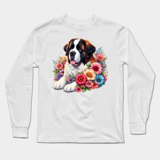 A St. Bernard dog decorated with beautiful colorful flowers. Long Sleeve T-Shirt